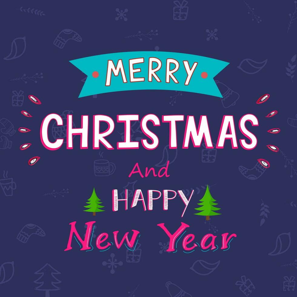 Pink and White Text of Merry Christmas Happy New Year on Purple Xmas Festival Elements Background in Flat Style. vector