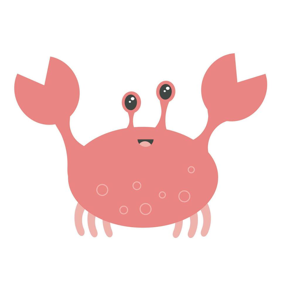 A pink crab with big eyes and a big pink tail. Cute cartoon crab for card, print, your design. Vector illustration.