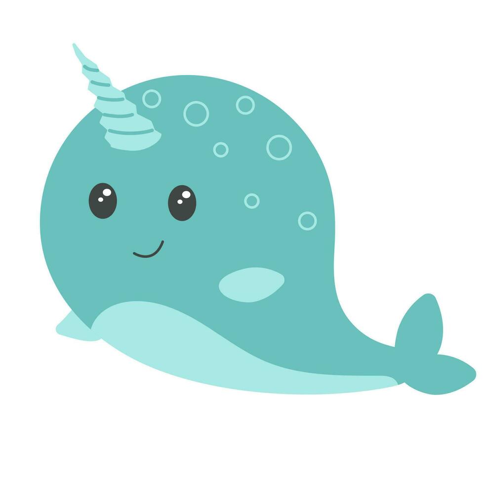 Cute cartoon narwhal. Vector illustration on white background. Kawaii blue narwhal for card, poster, t-shirt.