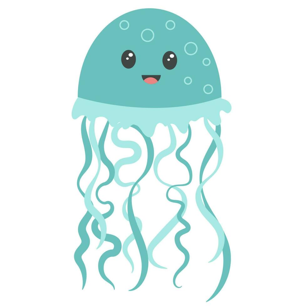 Cute cartoon jellyfish isolated on white background.  Kawaii blue jellyfish with bubbles for greeting card, party invitation, and your ideas of design.  Vector illustration.