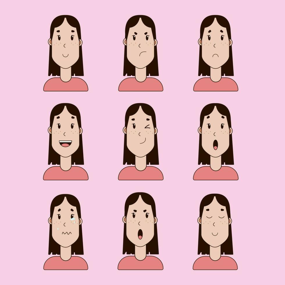 conjunto de mujer facial expresiones vector ilustración en plano dibujos animados estilo. un niña con diferente expresiones en su rostro. niña reír, enojado, sonriente, divertido, triste, sorprendido.