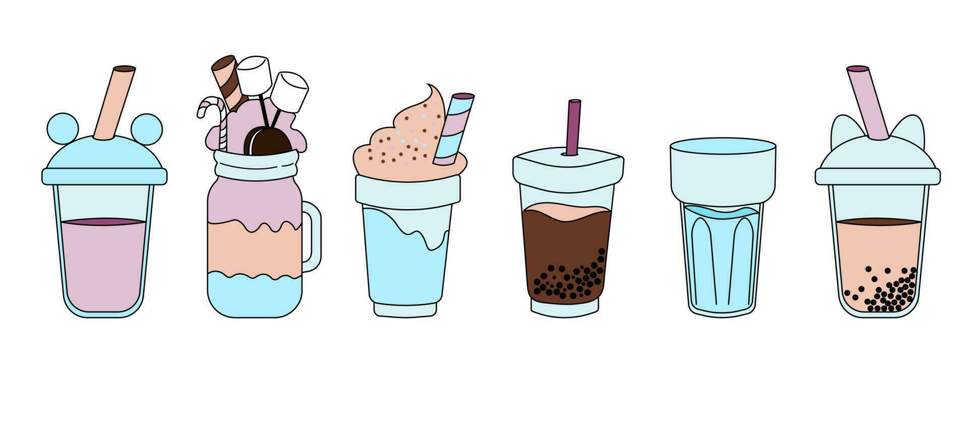 Set of Bubble Tea, milkshakes juices, and Coffee Drinks Isolated on White Background. Smoothie with tapioca Boba Yummy Beverages in Glass or Plastic Cups with Straw. Doodle vector collection