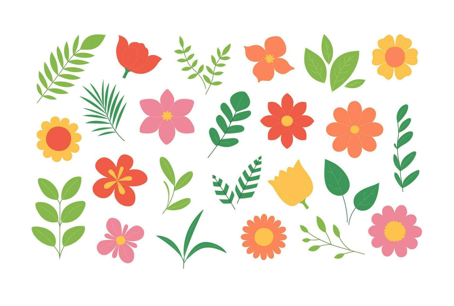 Set of flowers, leaves and twigs in simple style. Colorful floral elements for design. Vector flat illustration isolated on white background