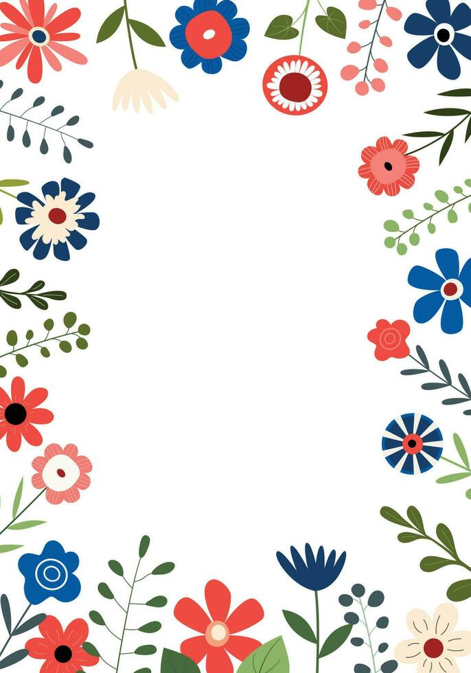 Floral frame with red, white, and blue flowers. Vector illustration. Holiday decor. American Independence Day. Isolated on white background.