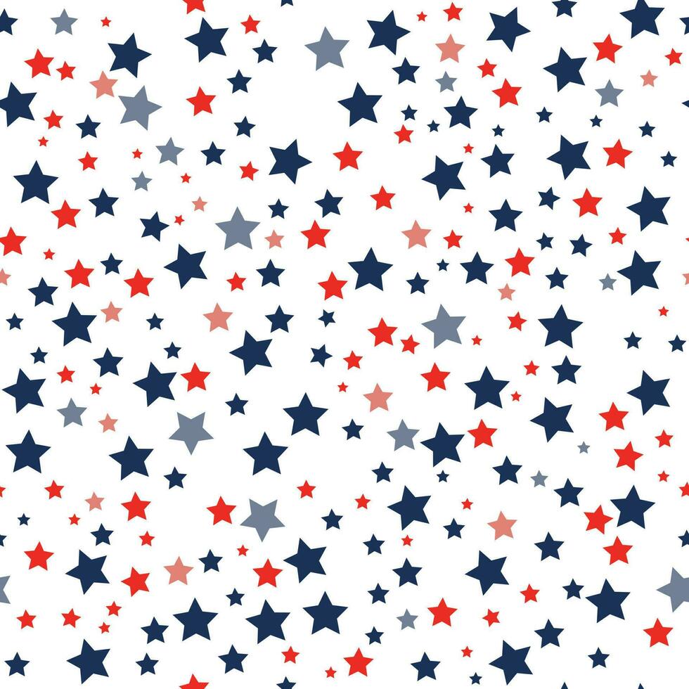 Patriotic stars seamless pattern in red, blue, and white colors. Isolated on white background. American Independence Day vector background.
