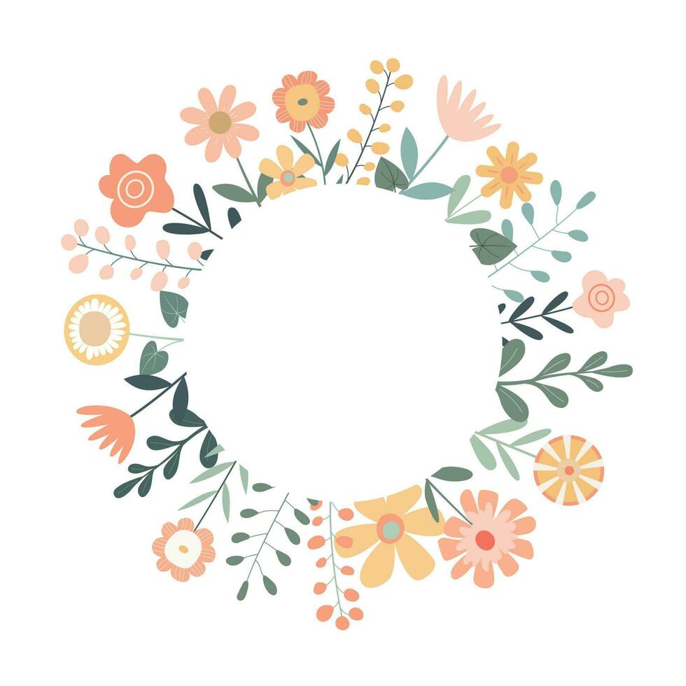 Floral round frame. Floral card with pastel flowers and leaves. Cute design for cards. Isolated on white background. vector