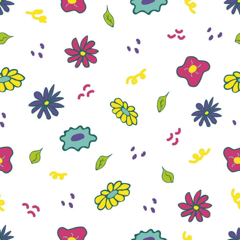 Seamless pattern with different bright flowers and leaves vector