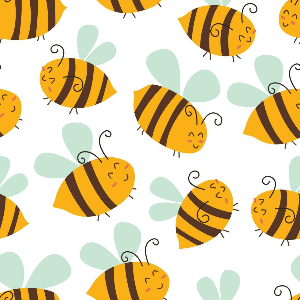 Seamless pattern with happy bees. Vector hand drawn