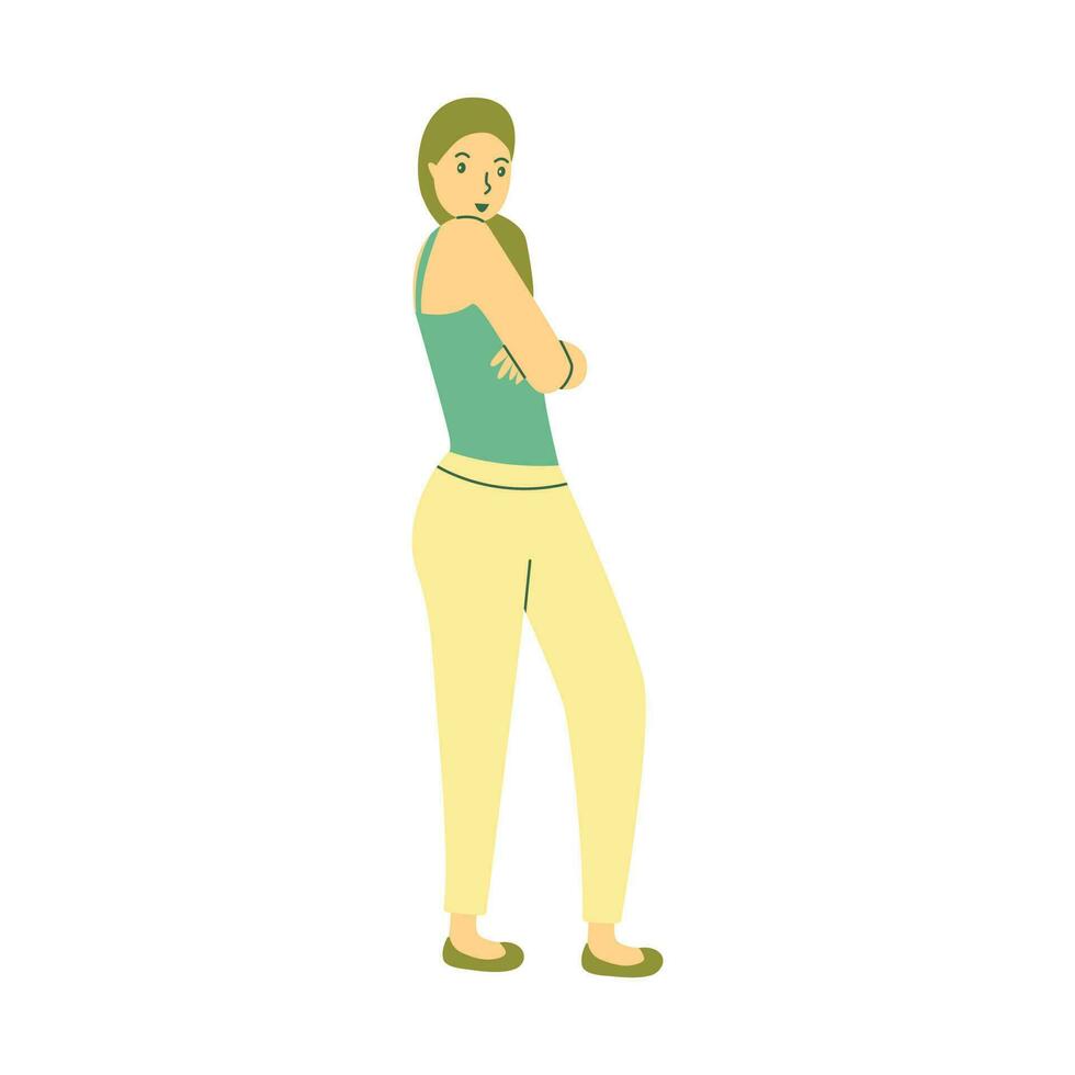 Girl standing sideways. Arms crossed over her chest. Vector