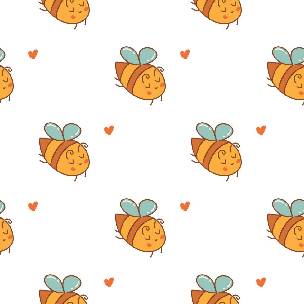 Seamless pattern with happy bees and hearts. Vector