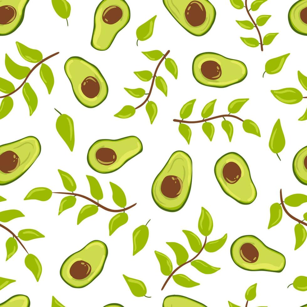 Seamless pattern avocado and twigs. Vector hand drawn