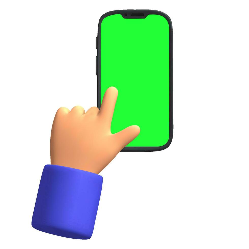 3d render Cartoon finger click on smartphone with green screen isolated icon vector illustration