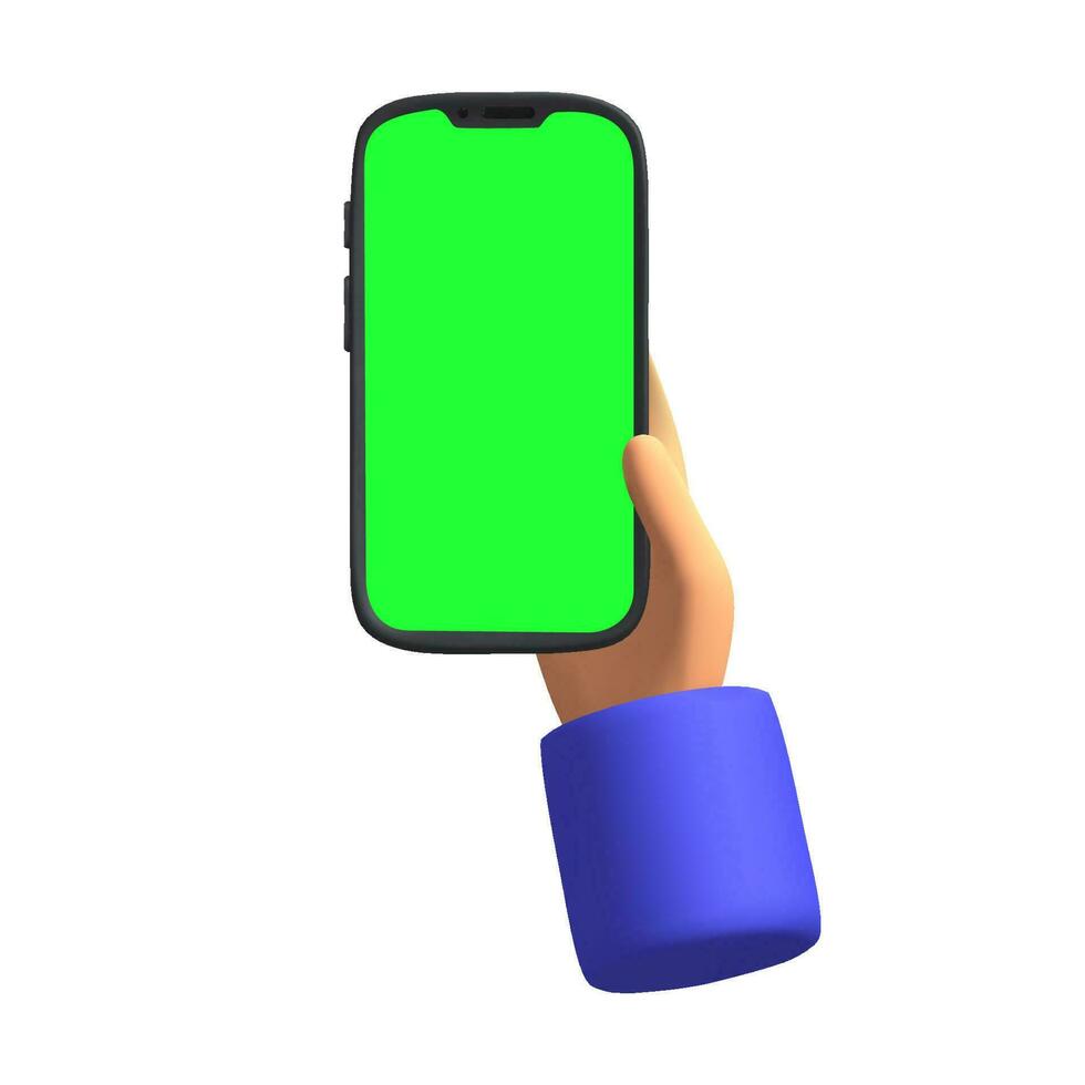 3d render Cartoon hand holding a smartphone with green screen isolated icon vector illustration