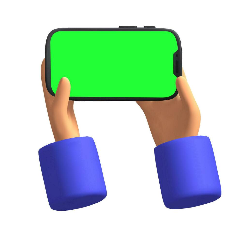 3d render Cartoon hands holding a smartphone with green screen isolated icon vector illustration