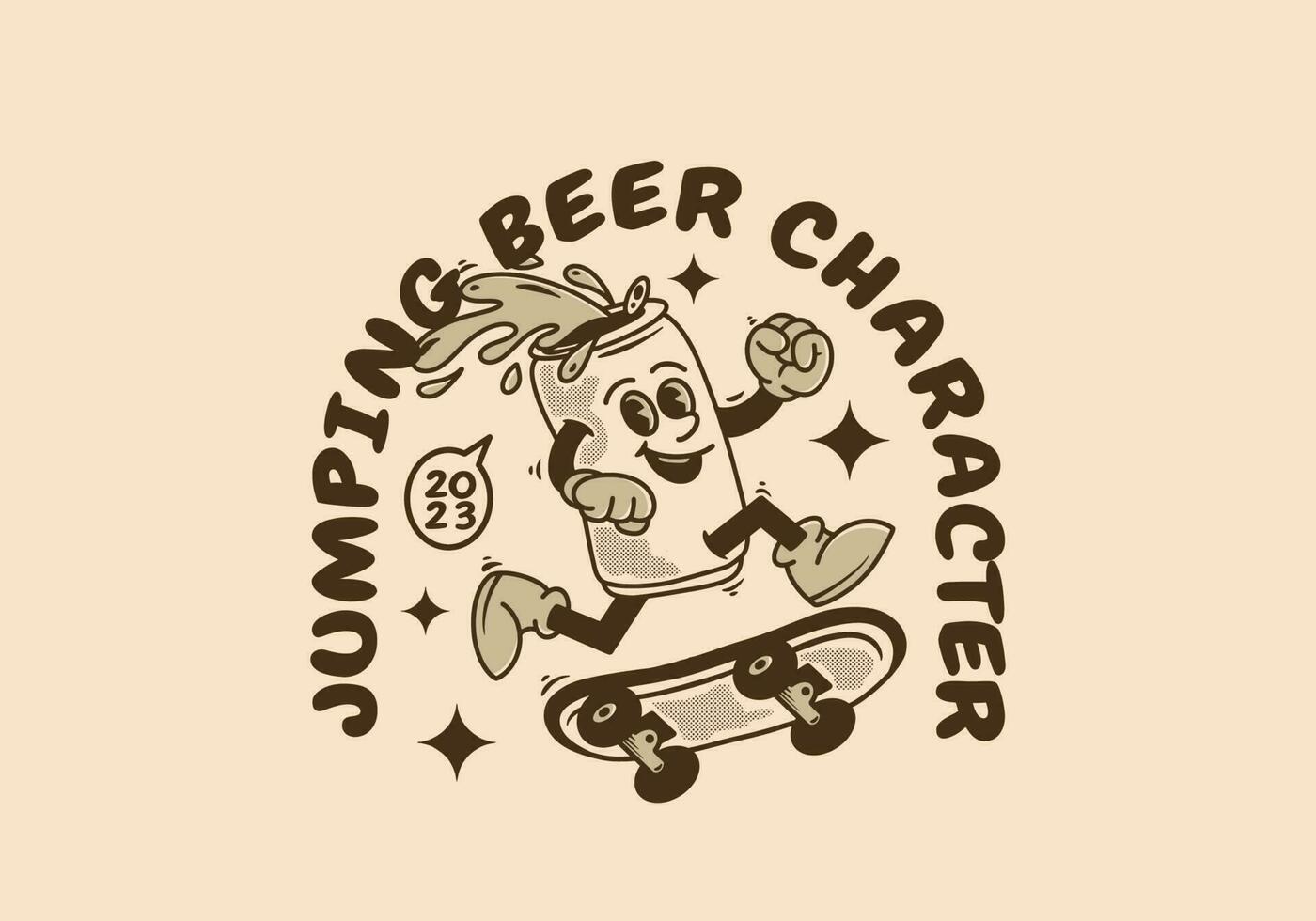 Vintage mascot character of beer can jumping on skate board vector