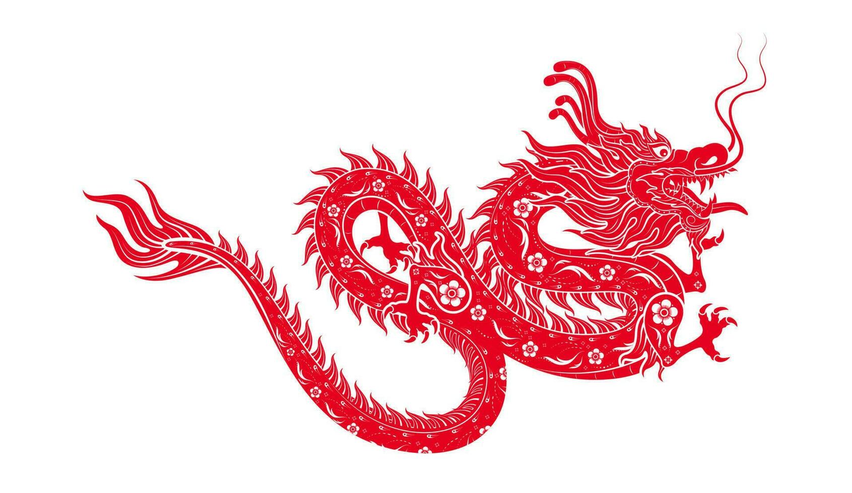 Chinese dragon red flower pattern. Isolated on white background for card design print media. China lunar calendar animal happy New year. vector