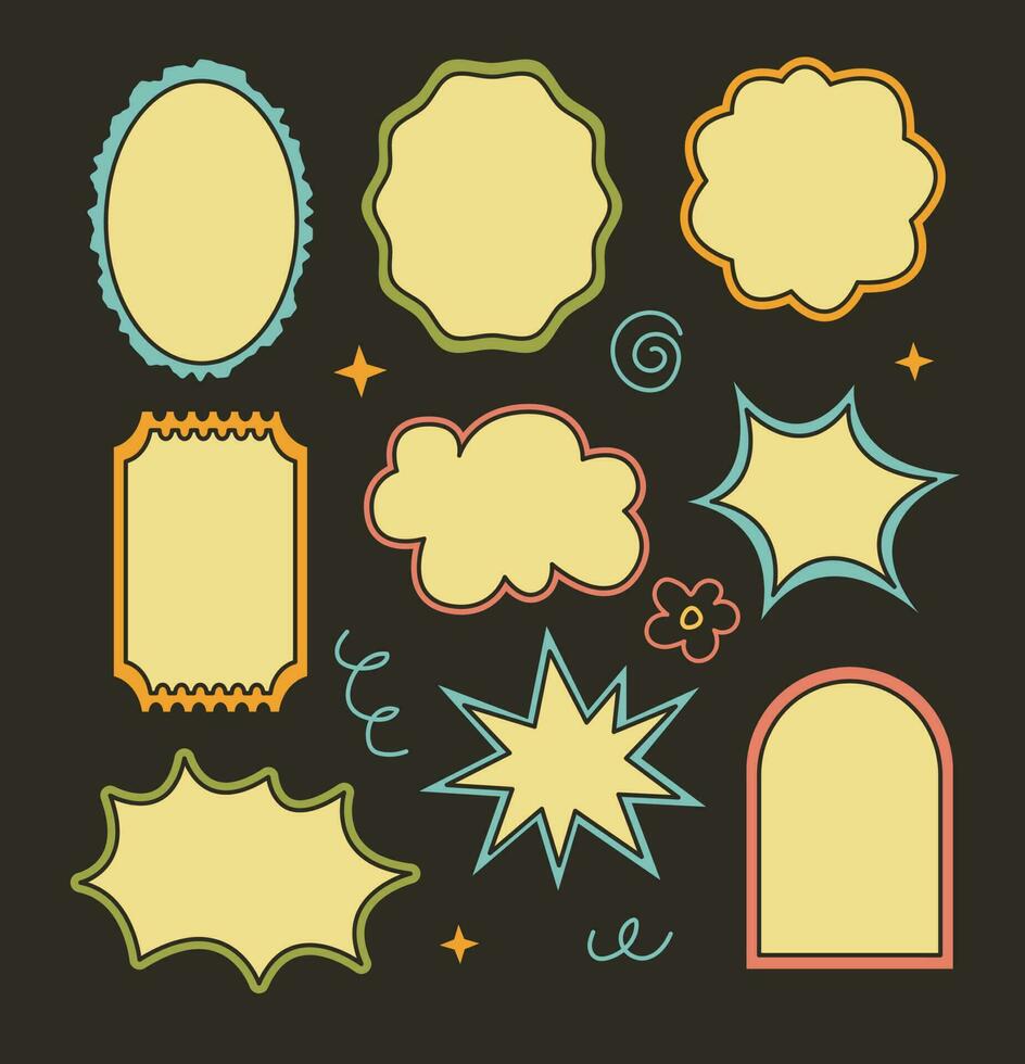 Abstract cloud and flower shapes sticker pack for text. Groovy funky flower, bubble, star, waves in trendy retro 70s style. vector