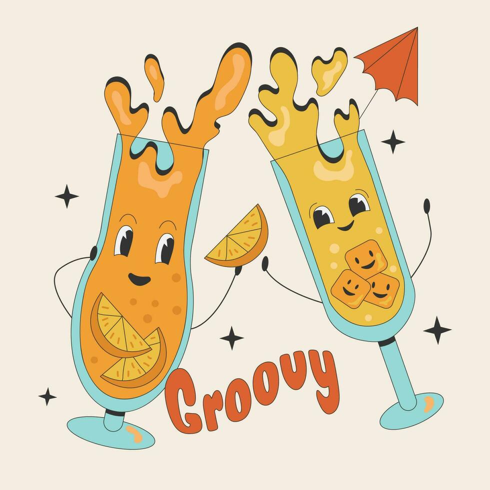 Retro 70s cocktail character in cartoon style. Groovy funny juice glass with fruit spills. vector