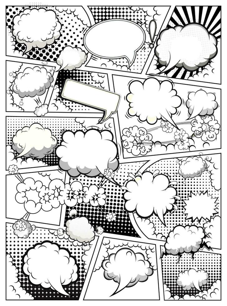 Comic book black and white page template divided by lines with speech bubbles. Vector illustration.