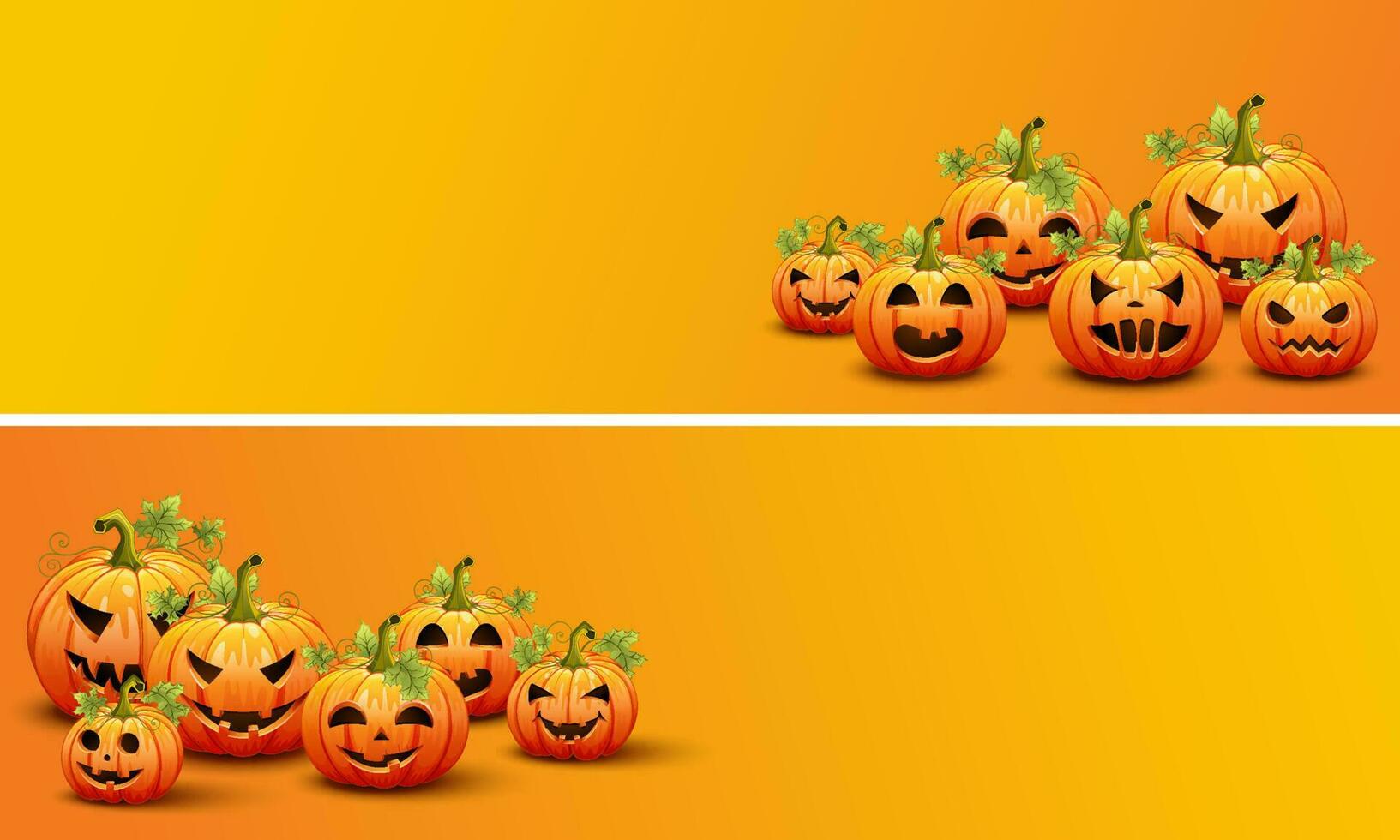 Halloween yellow banners with cute pumpkins. Vector illustration.