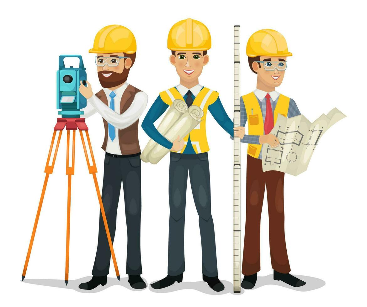 Engineering team. Civil engineer, surveyor and architect isolated vector illustration.