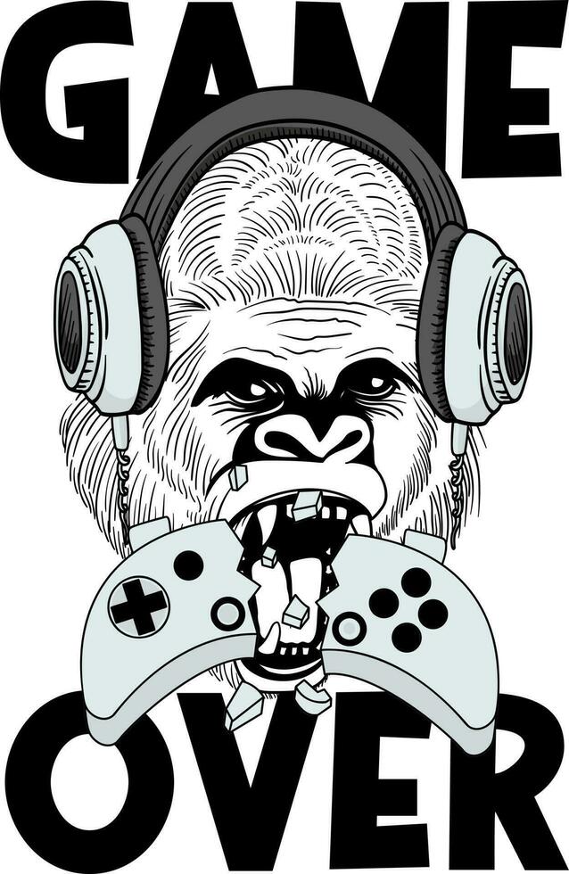 Screaming Gorilla in headphones. Gorilla game over. Humor card, tshirt composition, hand drawn style print. vector