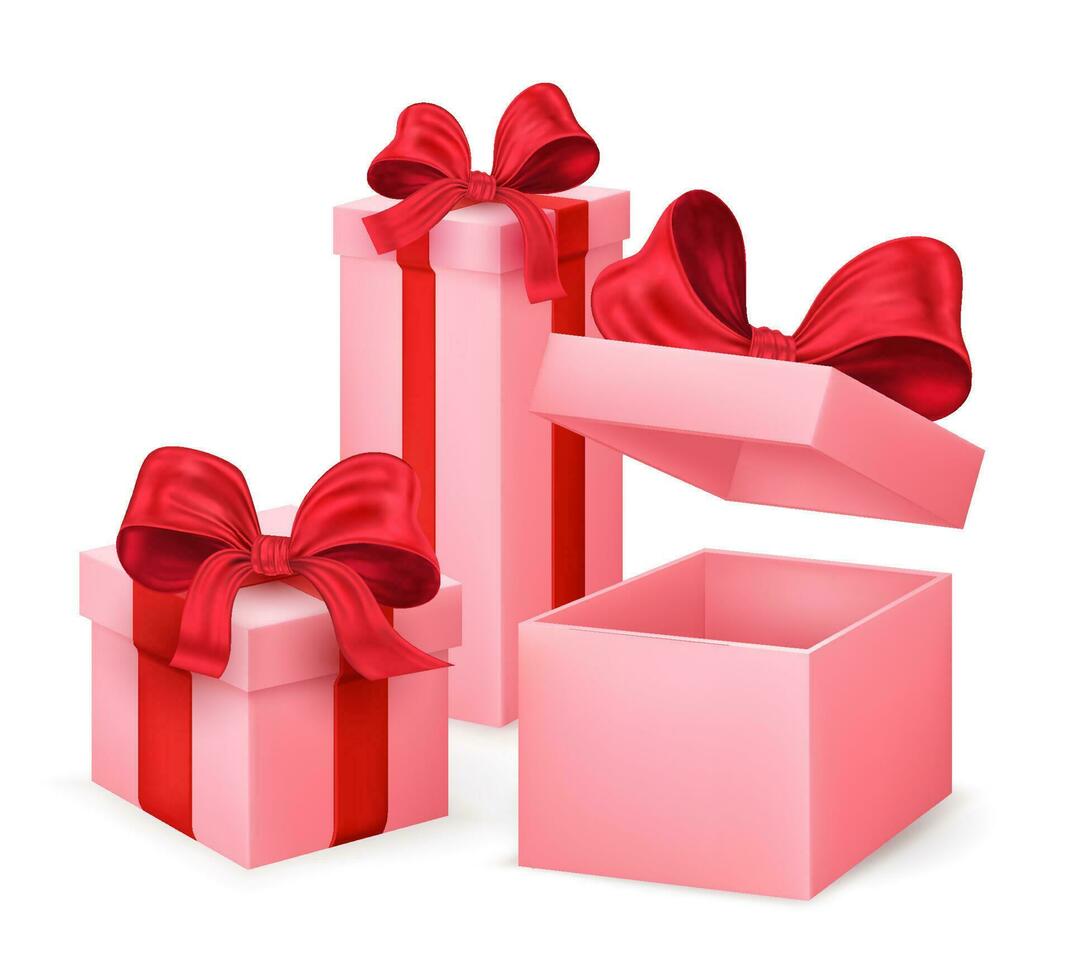 Pink gift boxes isolated. Birthday or Christmas present package. Vector illustration