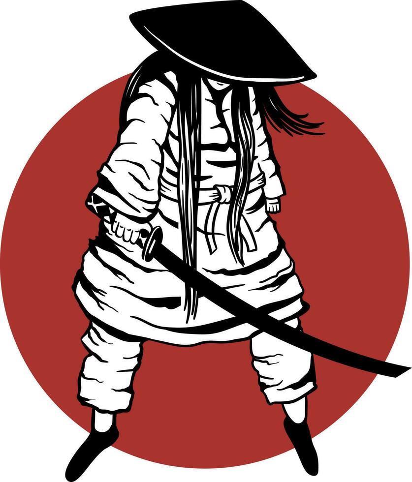 un hermosa samurai niña en japonés armadura con un katana en su hombro, en pie en perfil en contra el rojo Dom y bosque, su pelo volador en el viento. 2d ilustración. vector