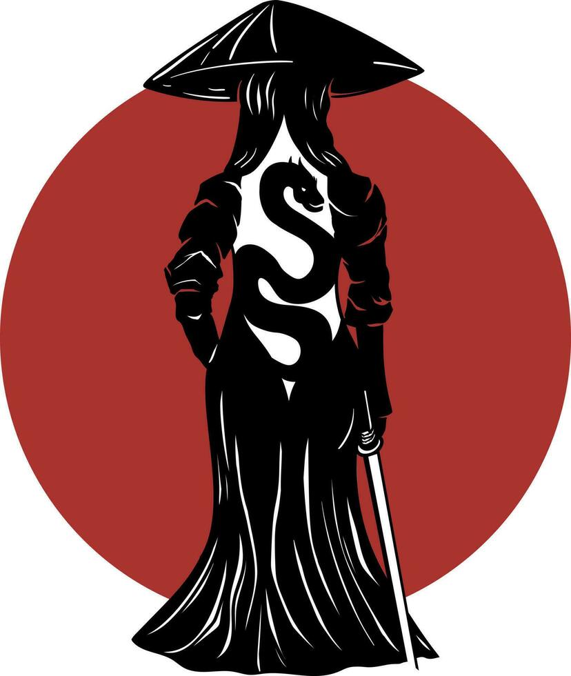 gA beautiful samurai girl in Japanese armor with a katana on her shoulder, standing in profile against the red sun and forest, her hair flying in the wind. 2D illustration. vector