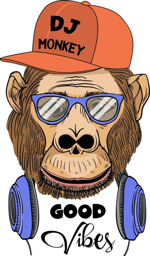 Hand drawn monkey illustration, with glasses and headphone, a hat and hand drawn slogans. Vector graphics for tshirt and other.