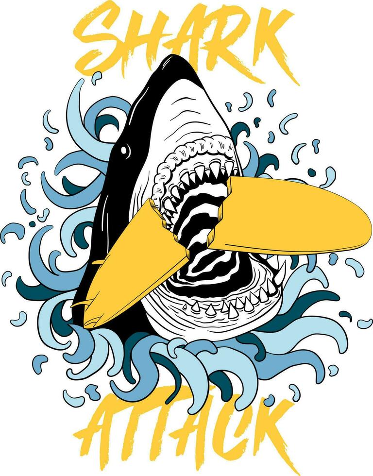 Shark biting the surfboard. Vector illustration for tshirt prints, posters and other.