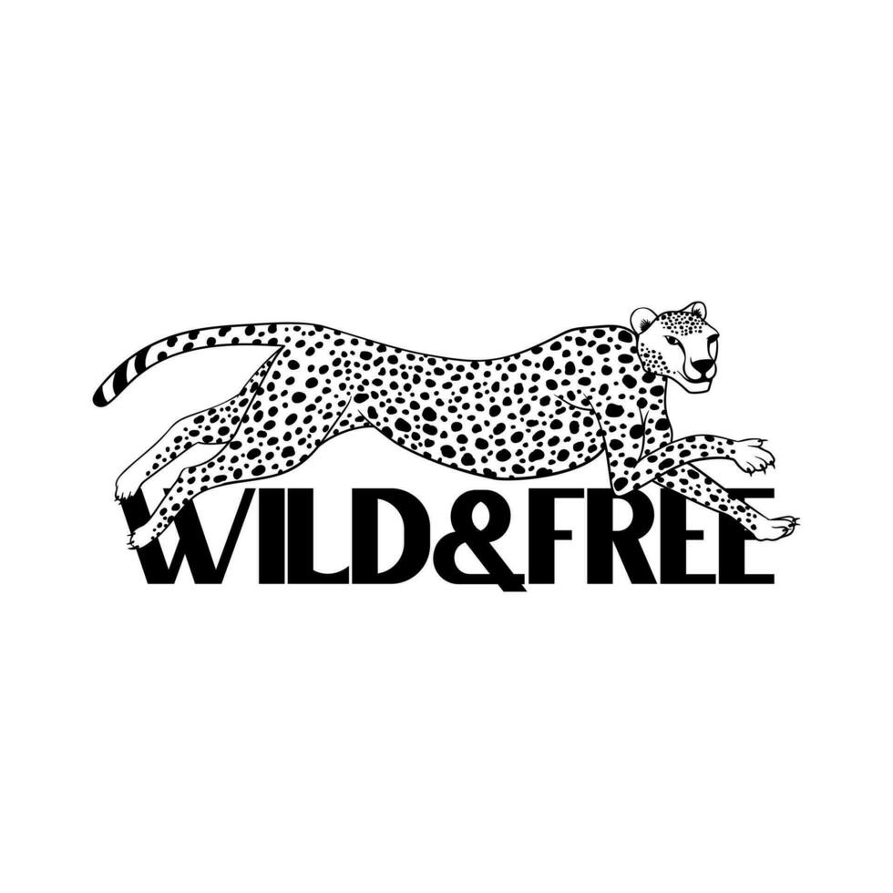 Wild and free text with vector illustration of a running jaguar for printing on T shirts and other purposes.