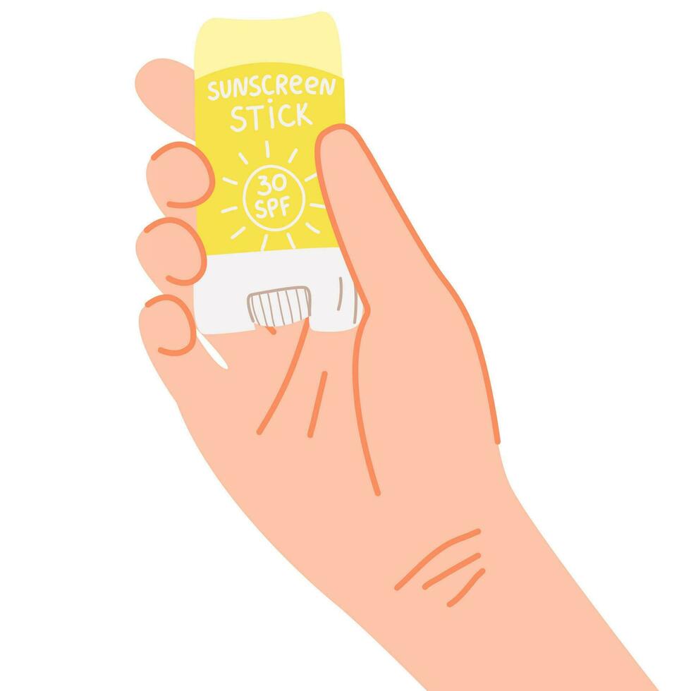 Hand holding sunscreen stick.Skin care routine.Sunscreen moisturizer, sunblock, skin protection and UV rays blocking concept. vector