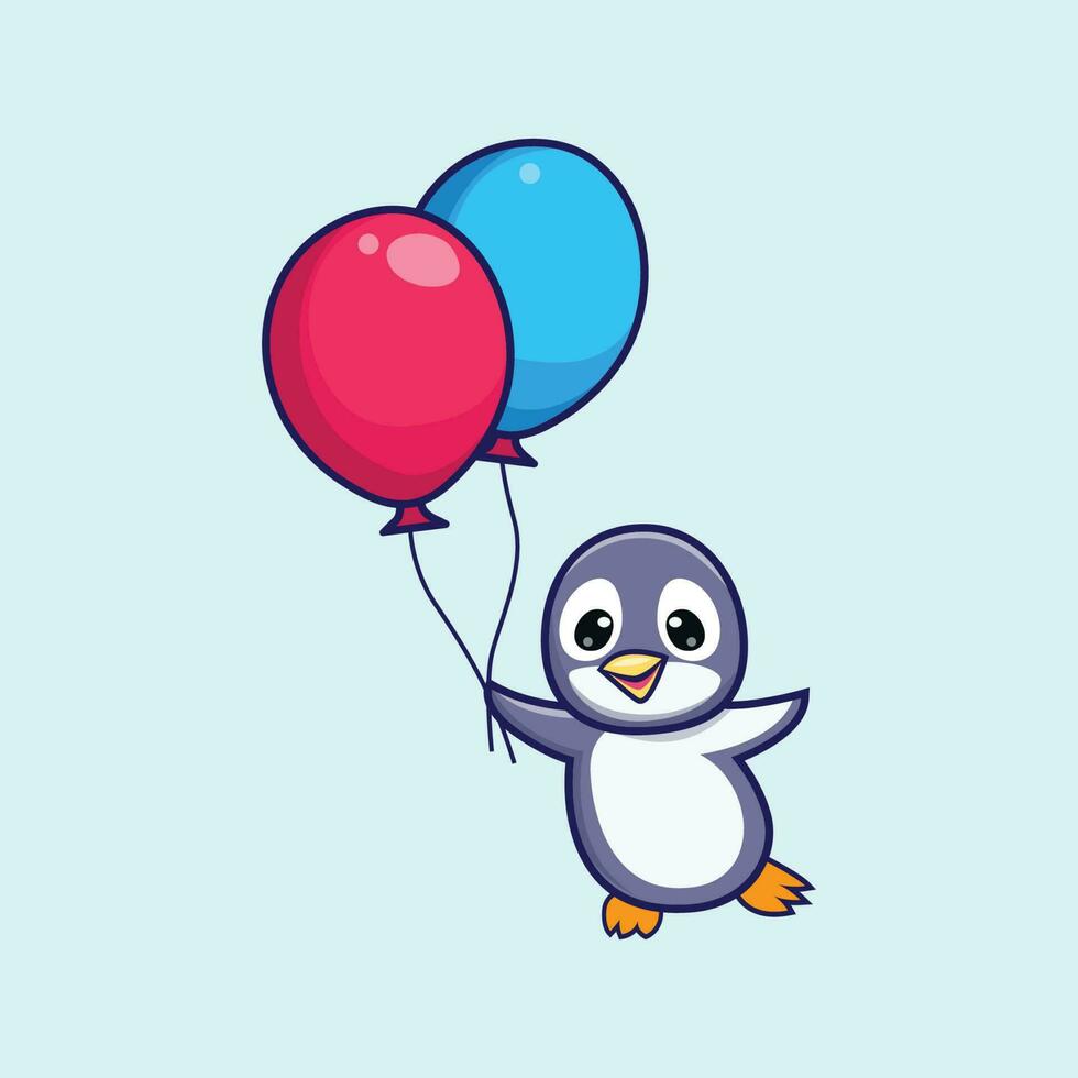 A happy penguin flying with colorful balloons vector illustration. Cute Penguin bird funny cartoon sticker. Wildlife Animal flat style vector art for t shirt and print items.