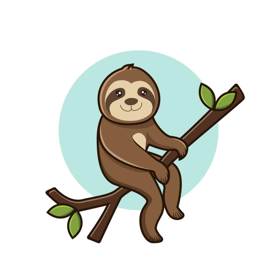 Cute sloth seating on a tree branch flat illustration. Lazy sloth vector clip art for t shirt design. Sloth illustration logo.