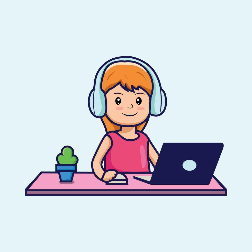 Beautiful girl working on laptop vector illustration. Work from home cartoon character. people isolated. A happy girl seating on her working desk. Cute girl cartoon clip art.