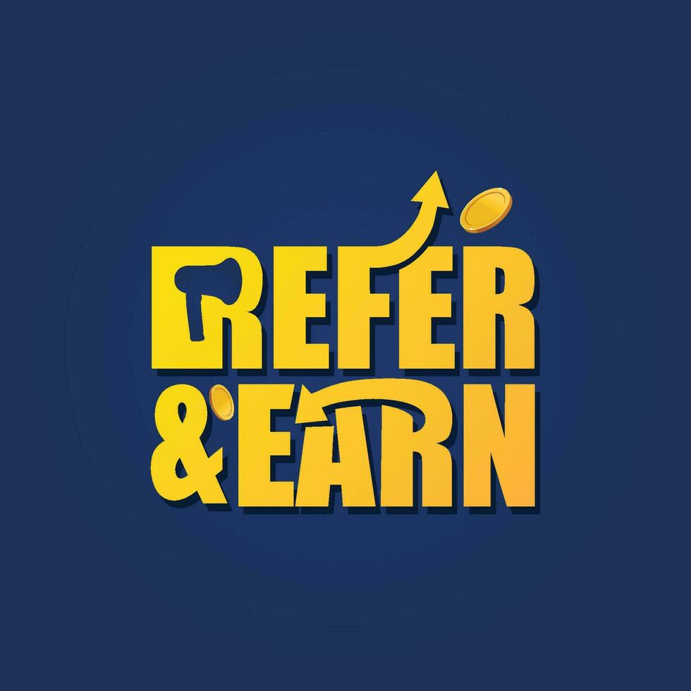 Refer and earn lettering creative logo with megaphone, arrow, and coin icon.  Referral program banner label badge. referral program vector illustration.