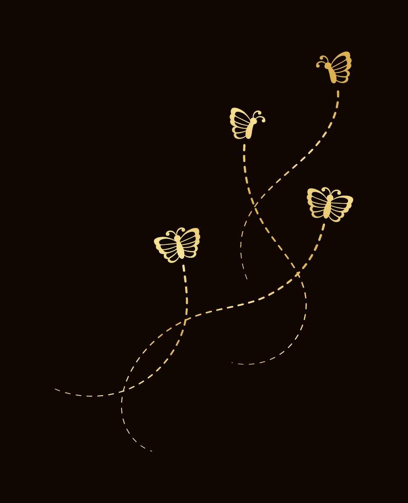 Golden Butterflies with Dotted Line Flight Route. Elegant gold butterflies trail. Vector design elements for spring and summer.