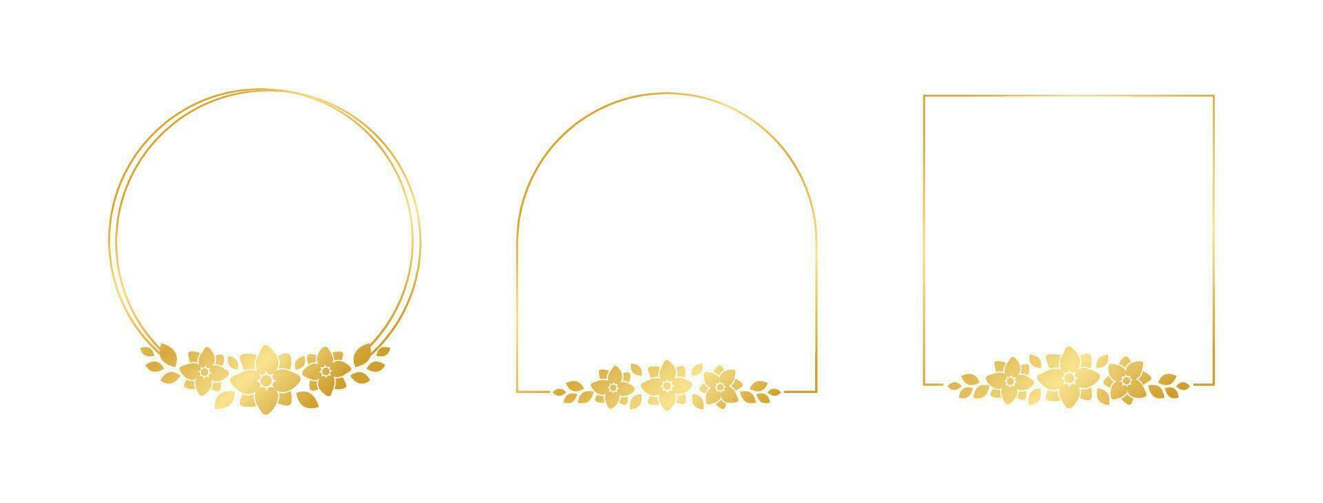 Gold geometric floral frame template set. Luxury golden frame border for invite, wedding, certificate. Vector art with flowers and leaves.