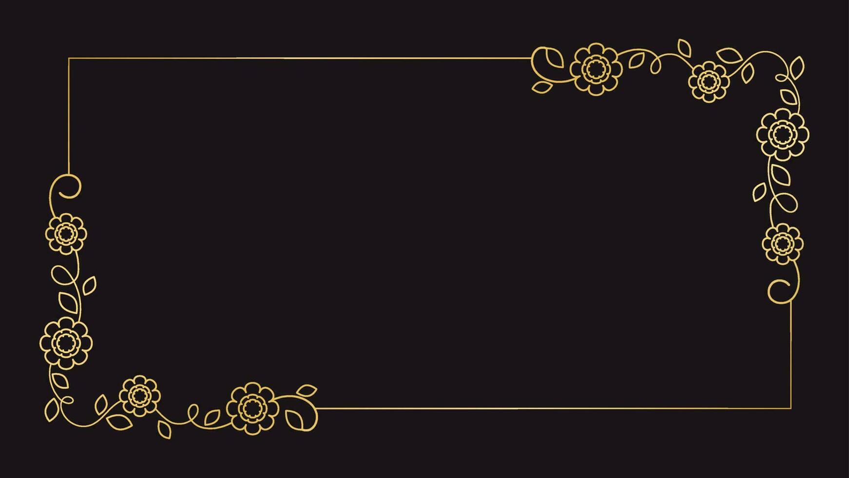 Gold floral rectangle frame. Simple line border, leaves and flowers, wedding invitation and cards, logo design and posters template. Elegant minimal style floral vector isolated