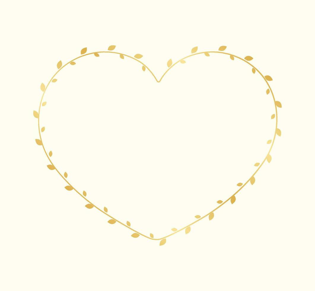 Gold Heart Shape Frame Made of Vine Leaves. Floral Valentines Day, Spring Summer Design Element, Love Concept vector