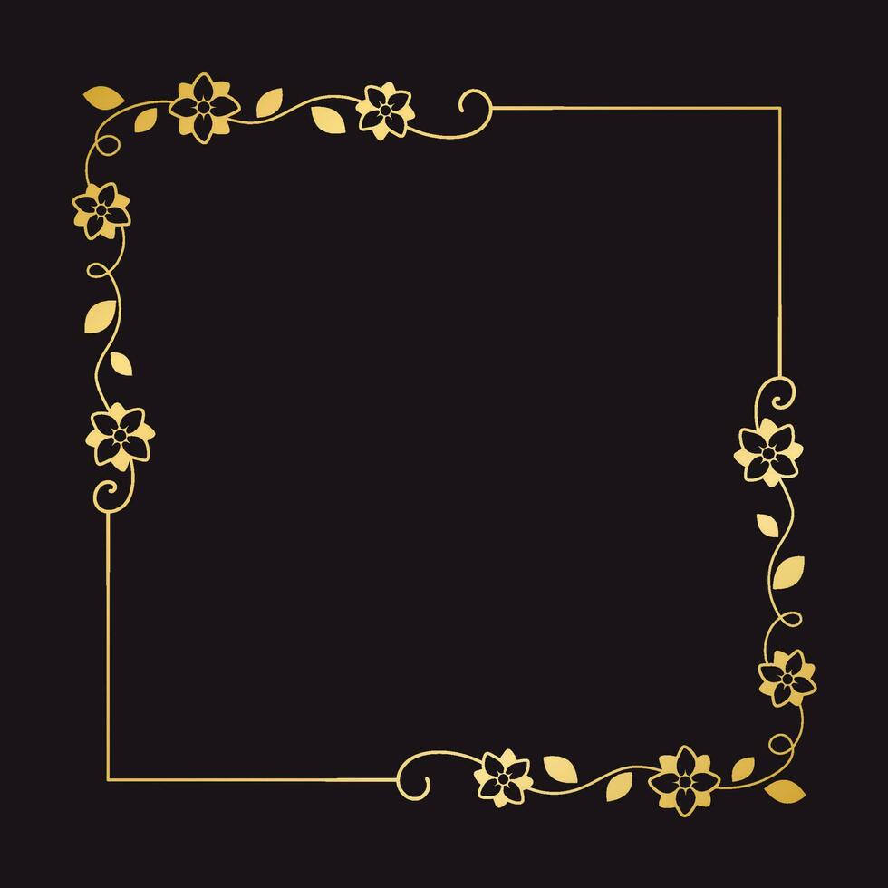 Gold floral square frame. Elegant line border, leaves and flowers, wedding invitation and cards, logo design and posters template. Simple minimal style botanical vector art.