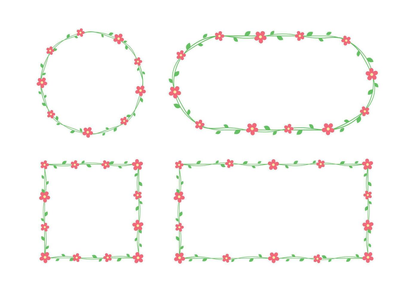 Green vine with red flowers floral frames and borders set, simple cute botanical design vector illustration