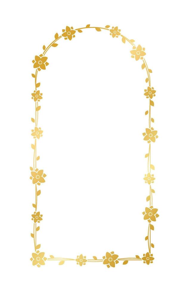 Geometric vertical gold floral frame template. Luxury golden frame border for invite, wedding, certificate. Vector art with flowers and leaves.