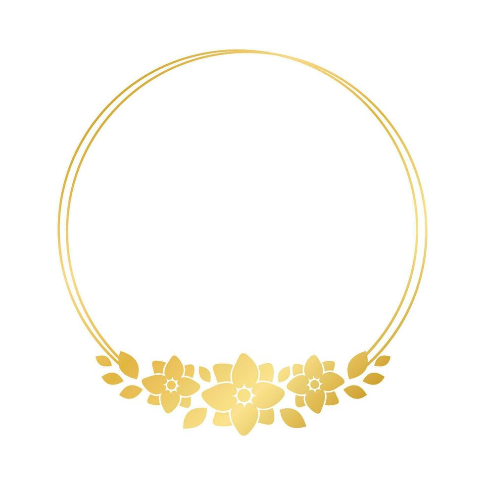 Round gold floral frame template. Luxury golden frame border for invite, wedding, certificate. Vector art with flowers and leaves.