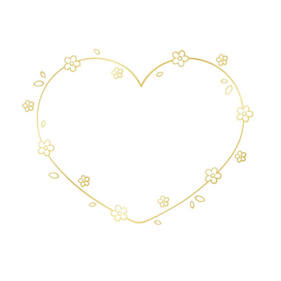 Gold Heart Floral Frame Outline Doodle. Valentines Day, Spring border template, flourish design element for wedding, greeting card. vector