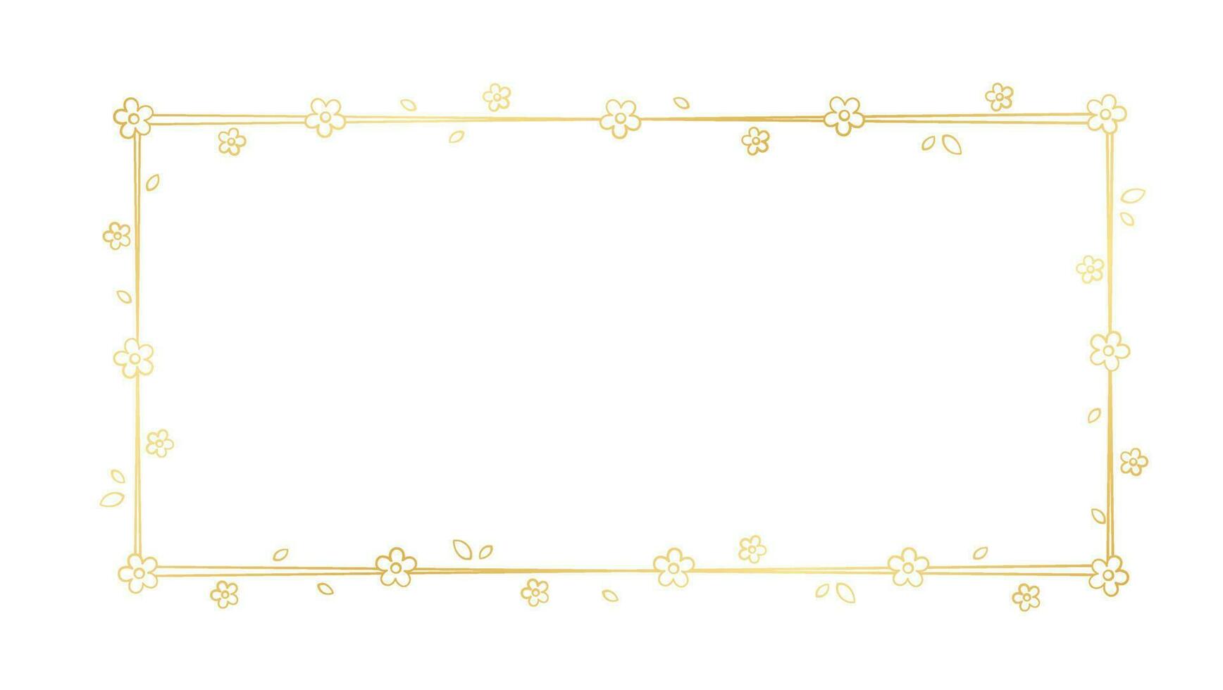 Gold Rectangle Floral Frame Outline Doodle. Botanical border template, flourish design element for wedding, greeting card. vector