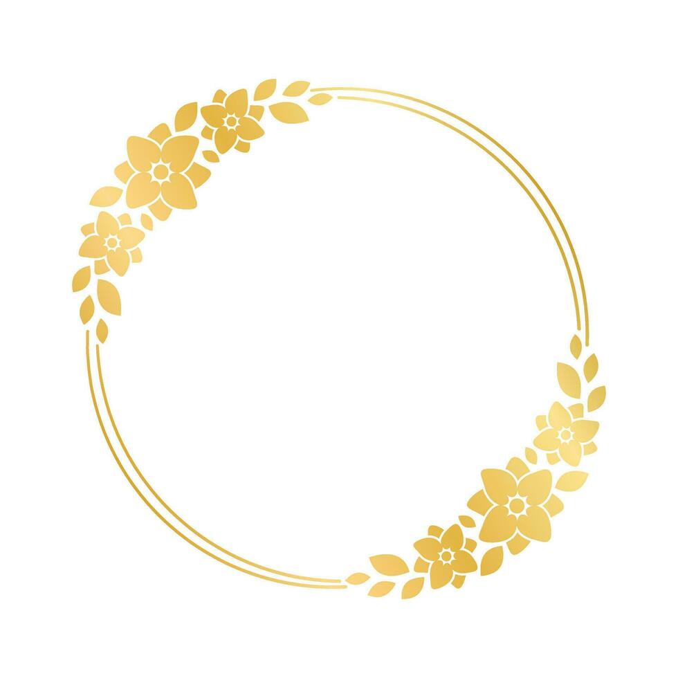 Round gold floral frame template. Luxury golden frame border for invite, wedding, certificate. Vector art with flowers and leaves.