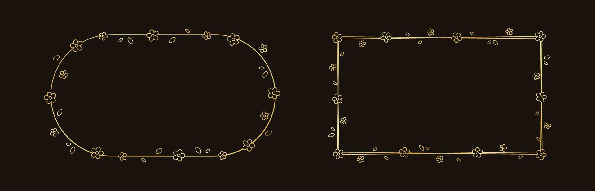 Gold Floral Frame Outline Doodle Set. Golden nature border template, flourish design element for wedding, greeting card. vector