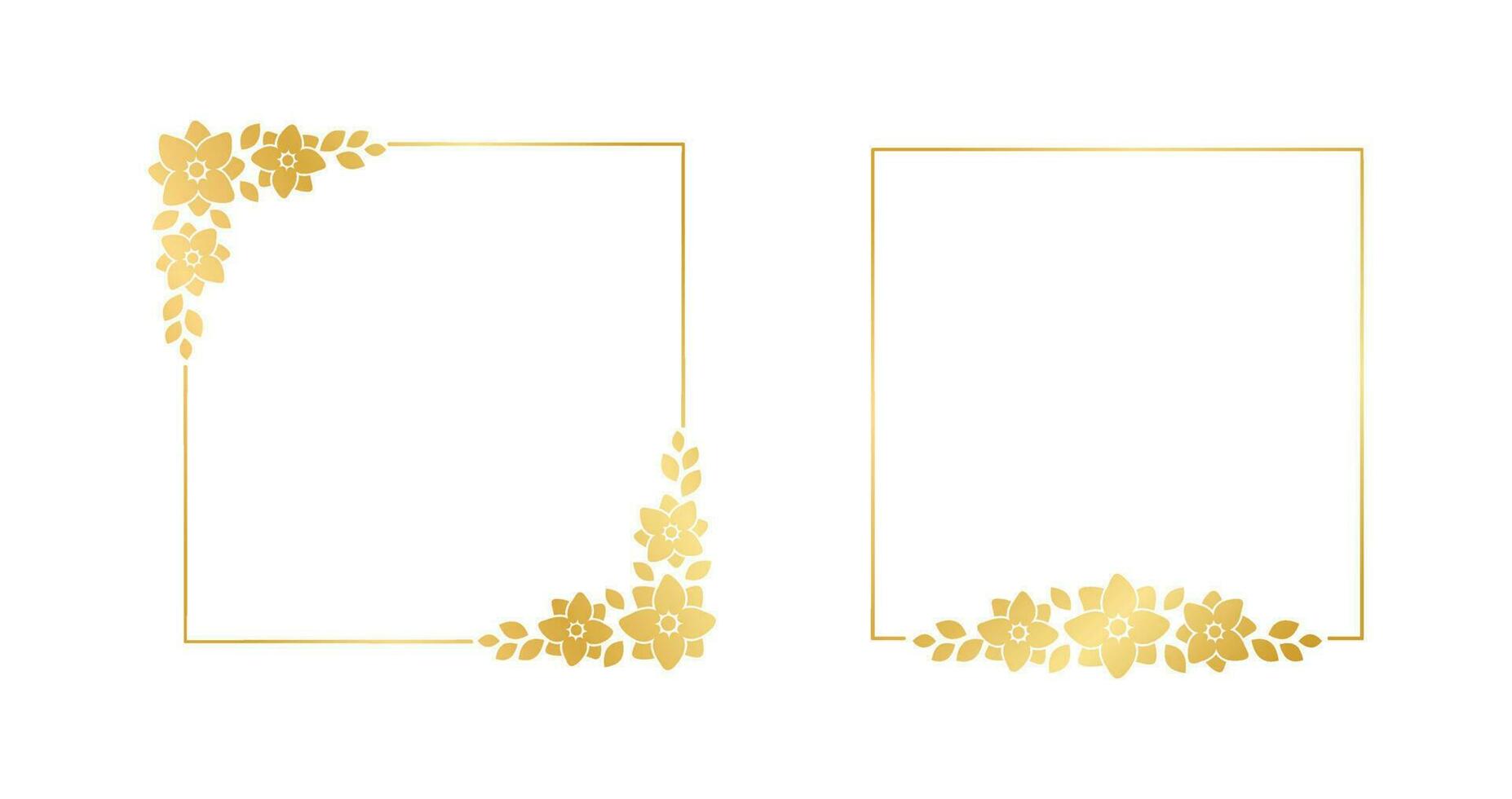 Square gold floral frame collection set. Luxury golden frame border for invite, wedding, certificate. Vector art with flowers and leaves.